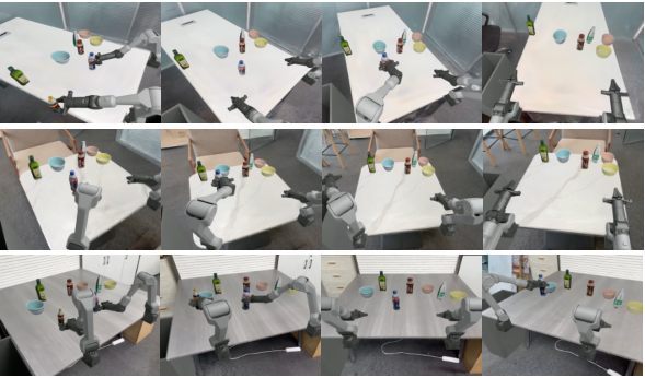 Figure 17：GigaWorld-0-3D 可视化——几何一致的渲染与物理真实的机器人动作