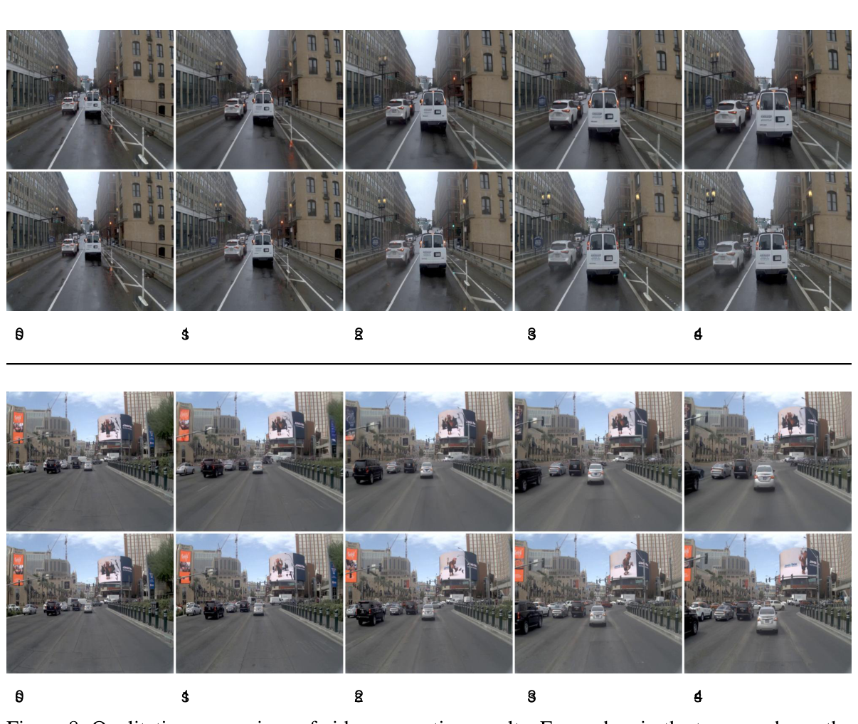 图 8：视频生成专家定性结果（源图 arXiv:2606.15869 Figure 8）。每对图中上行是模型生成帧，下行是真实序列。